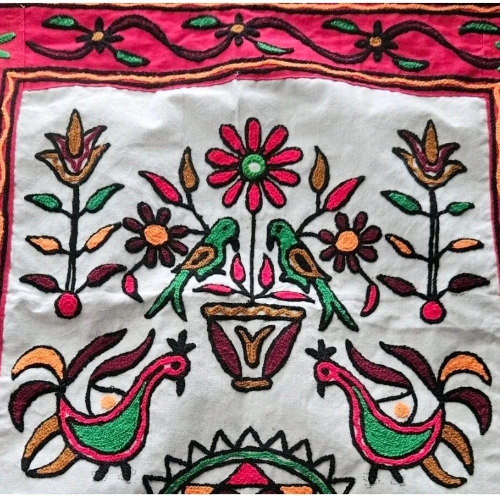 South American Folk Art Floral Embroidered Tapestry Table Runner  17×34 Wall Art